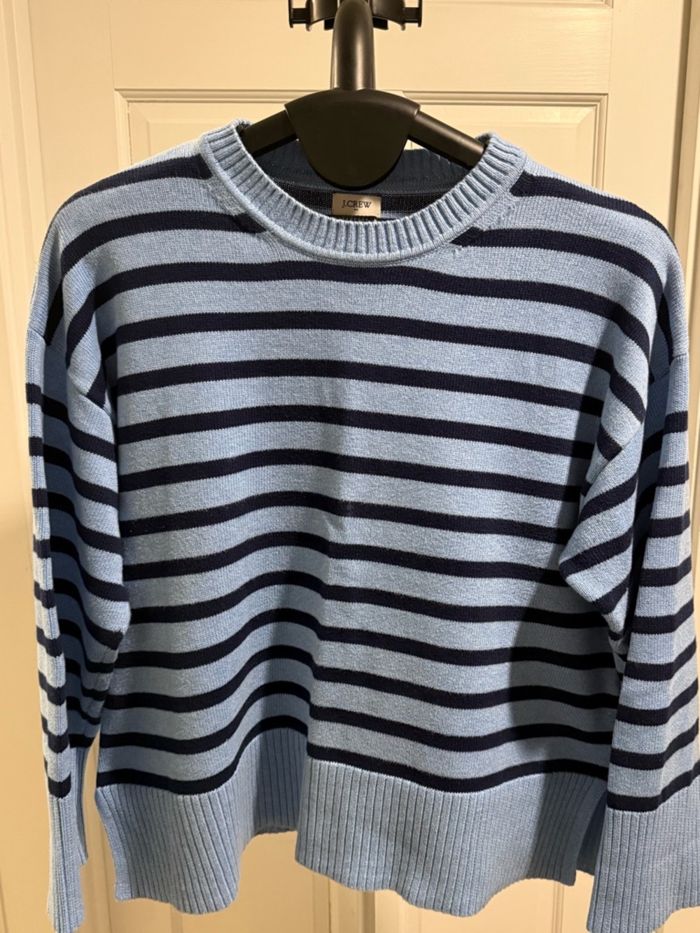J. Crew Women’s Light Blue and Navy Striped Cotton Crewneck Sweater